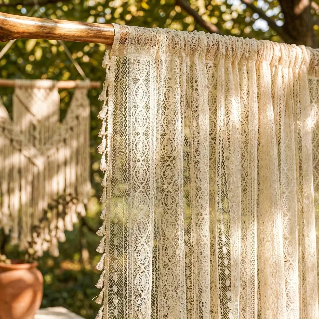 Cream Lace Curtain Panels with Tassel Trim for Patio - photo 3