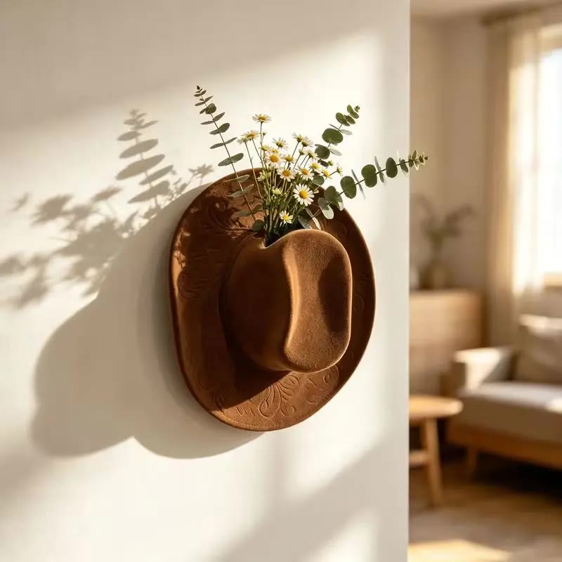 Brown Felt Hat-Shaped Wall Vase with Embossed Brim