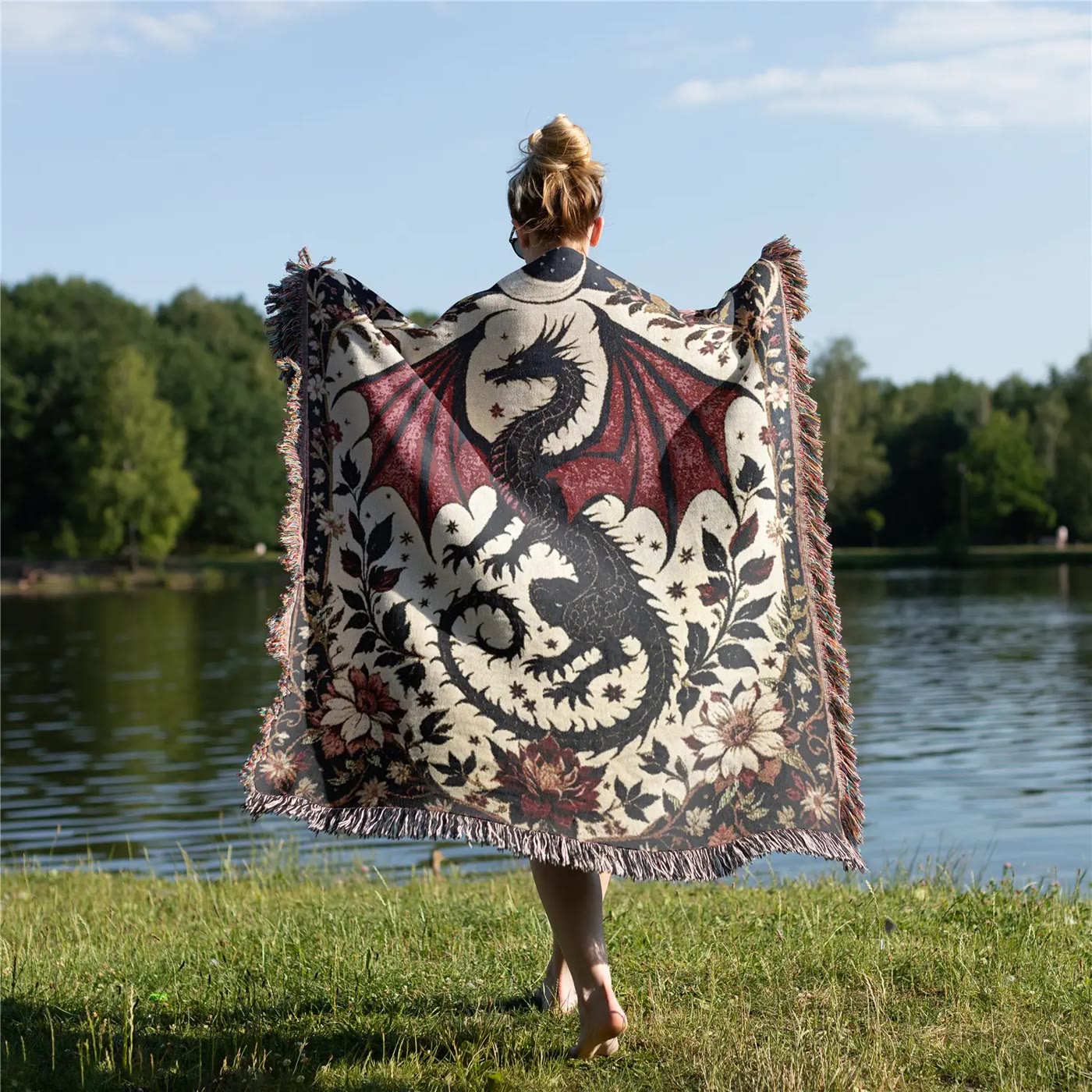 Woven Dragon Pattern Throw Blanket with Fringe - photo 4