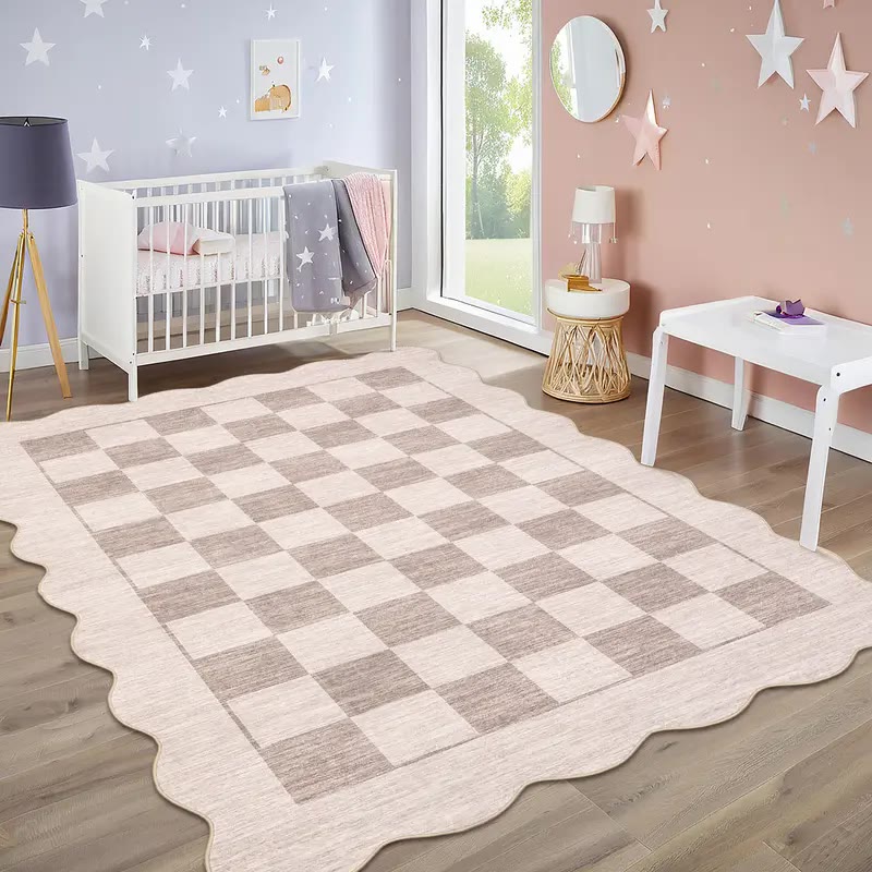Beige Checkerboard Area Rug with Wavy Edge - photo 4