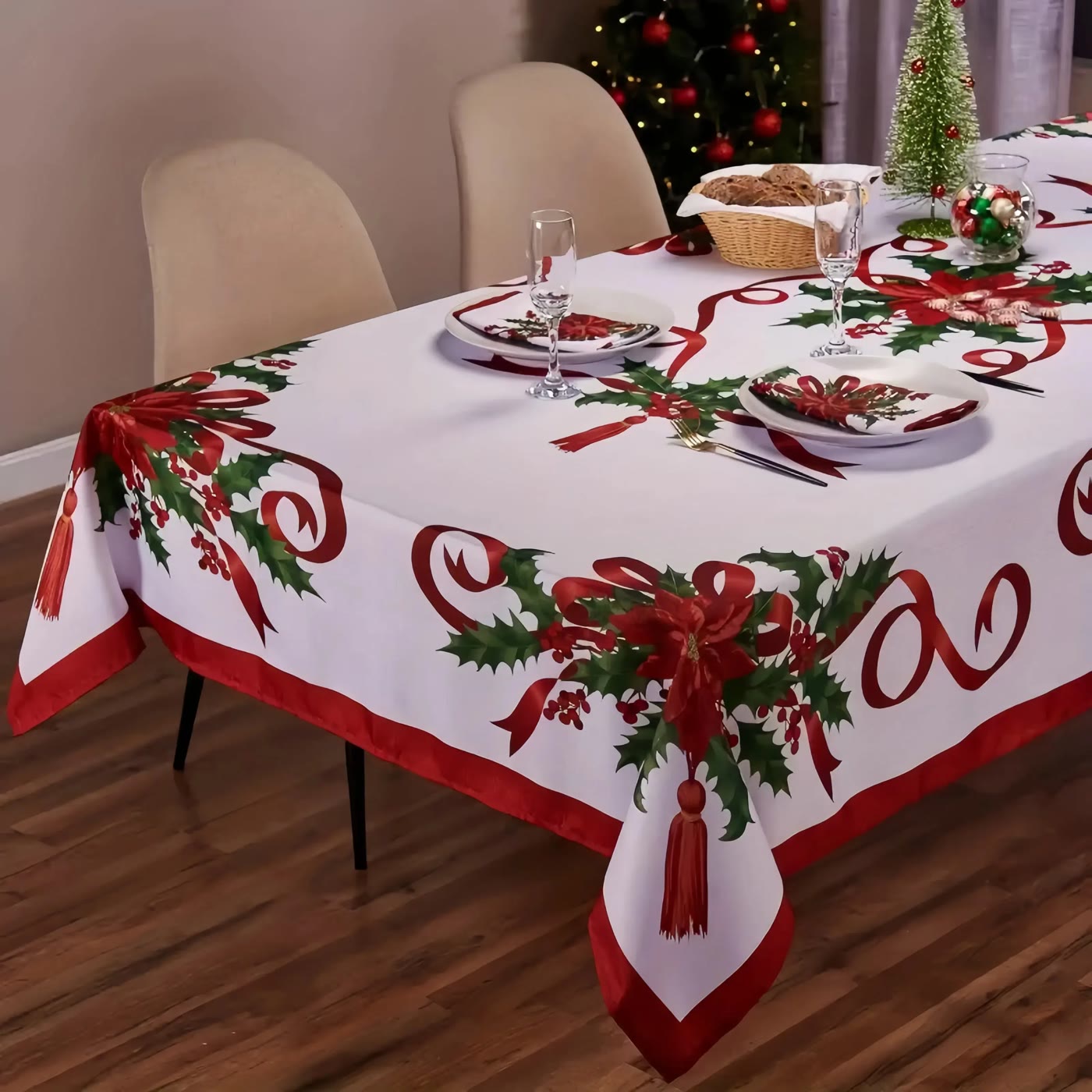 White Rectangular Tablecloth with Red Ribbon and Holly Print