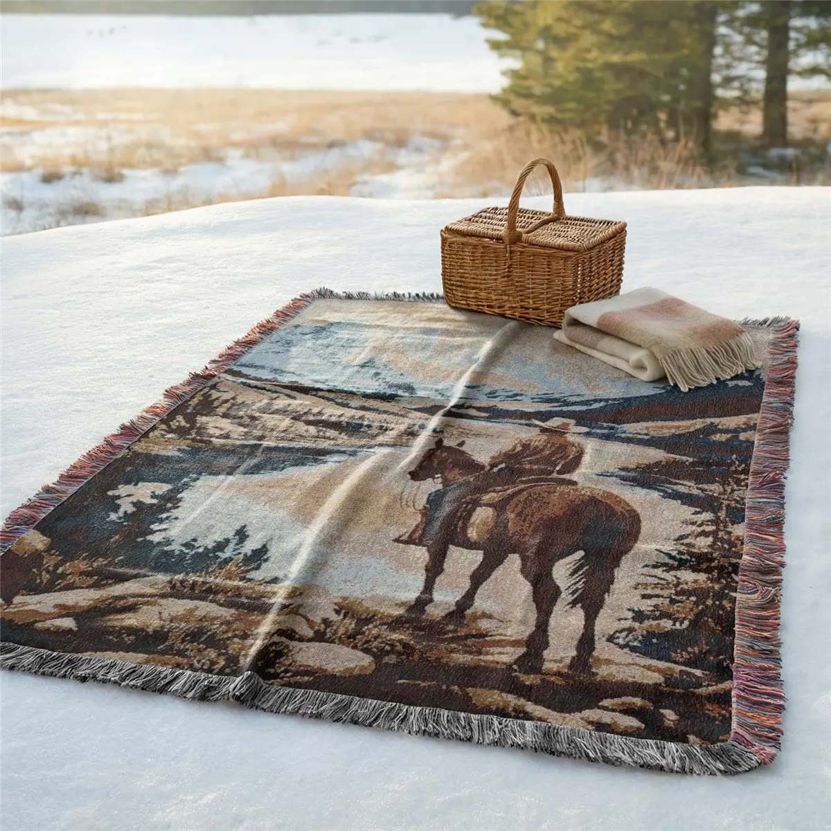 Woven Fringed Throw Blanket with Horse and Rider Scene - photo 3