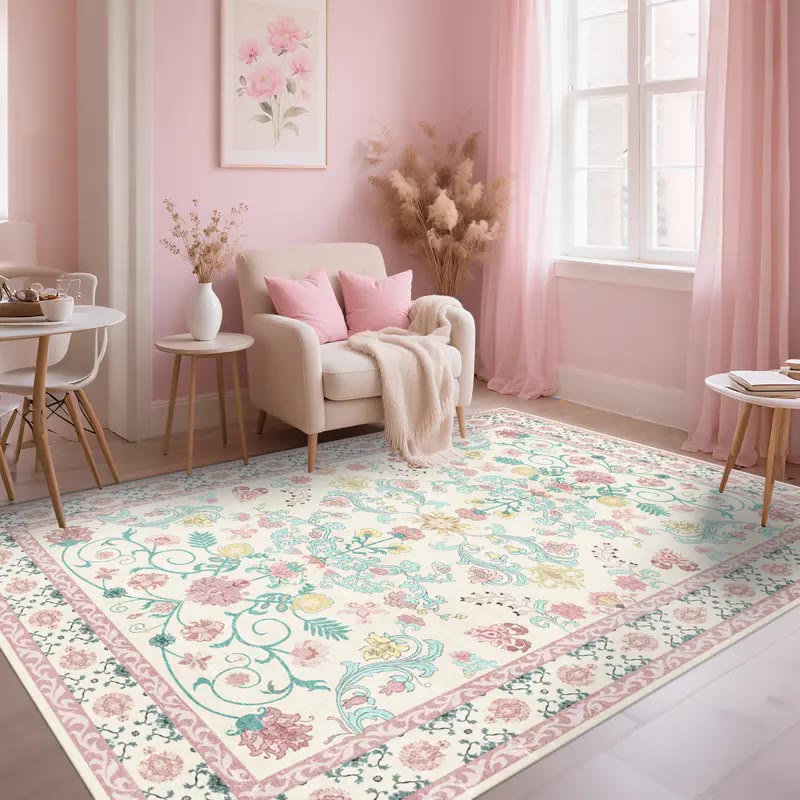 Cream Floral Area Rug with Pink Border - photo 2