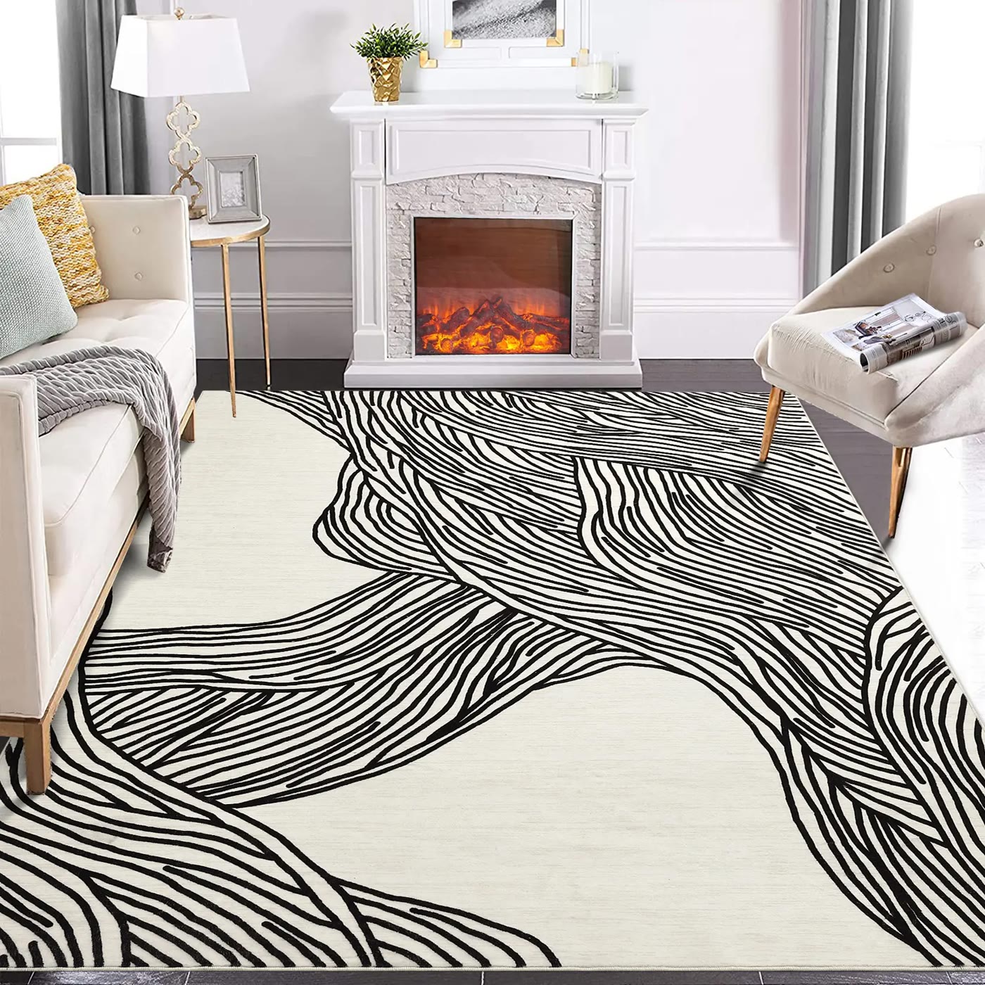Cream Area Rug with Black Wavy Line Pattern