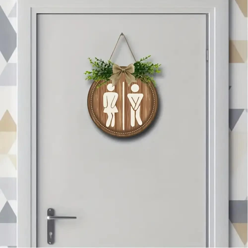Round Wooden Restroom Sign With Greenery and Bow - photo 3