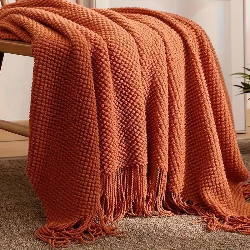 Rust Orange Knit Throw with Long Fringe - photo 4