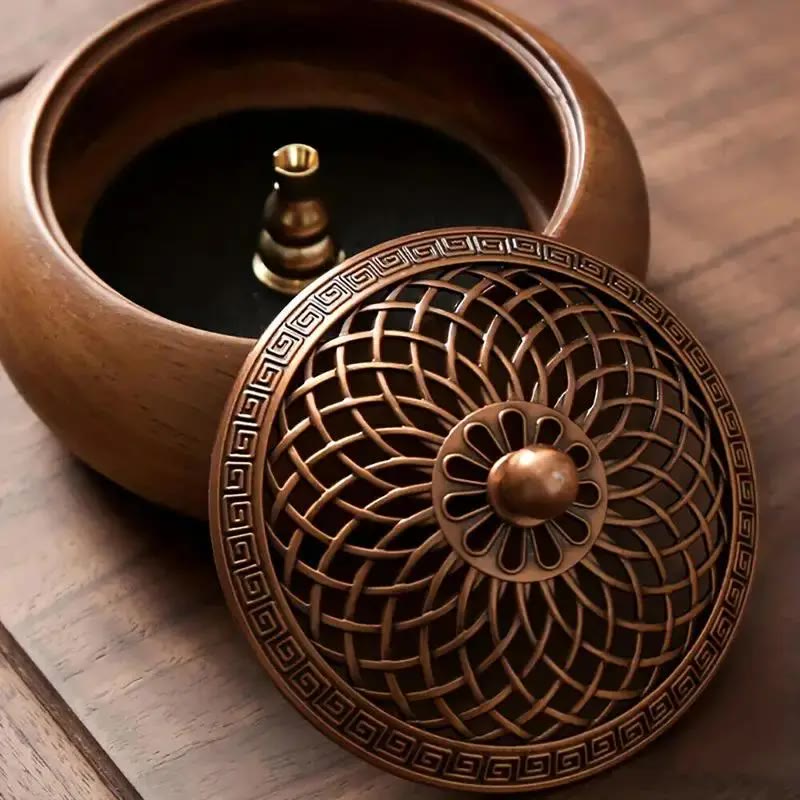 Round Wooden Incense Burner with Pierced Metal Lid - photo 3